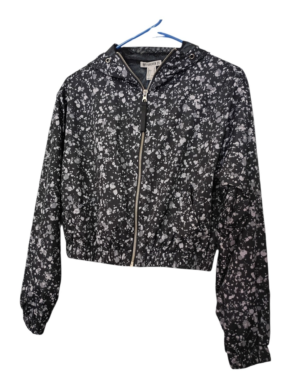 Forever 21 Black Hooded Bomber Jacket with White Splatter Print